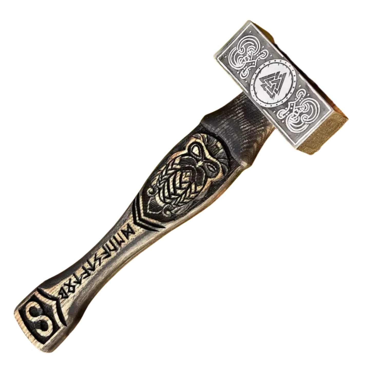 Forged Viking Hammer w/ Odin Carved Handle, Runes & Valknut Symbol