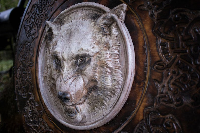 Carved Head Viking White Wolf Head Viking Shield