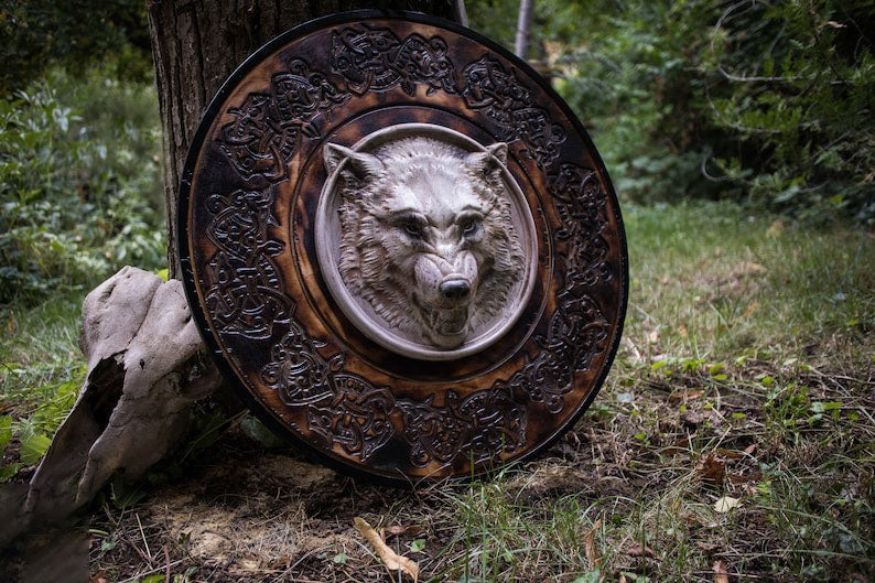Carved Head Viking White Wolf Head Viking Shield