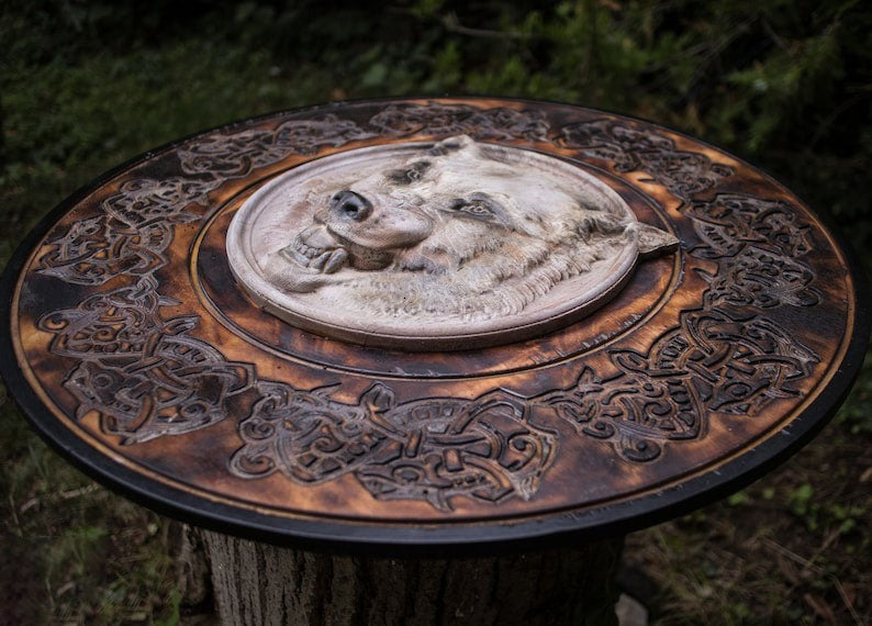 Carved Head Viking White Wolf Head Viking Shield