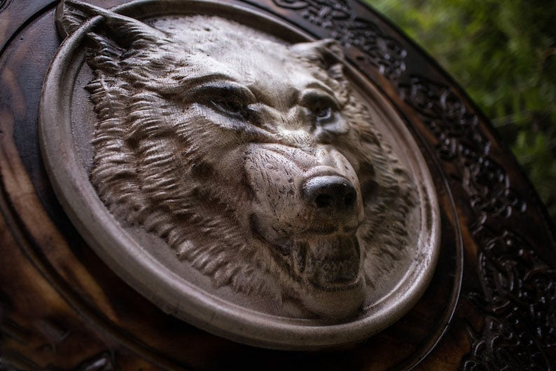 Carved Head Viking White Wolf Head Viking Shield