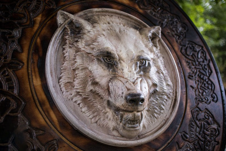 Carved Head Viking White Wolf Head Viking Shield