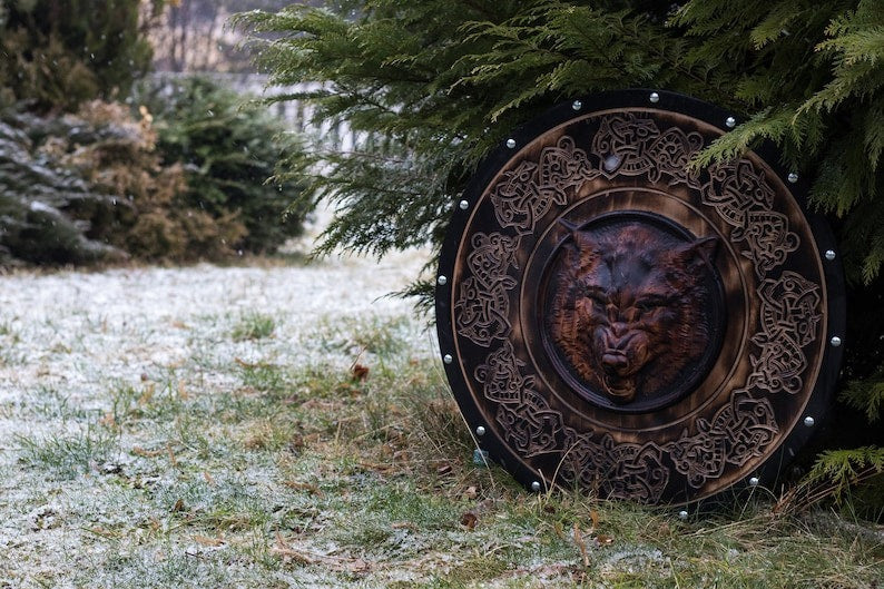 Carved Head Viking Wolf Head Black and Brown Edition Shield