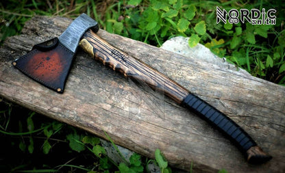 Hand-Forged Viking Axe with Ash Wood Handle, Leather-Wrapped Grip & Sheath