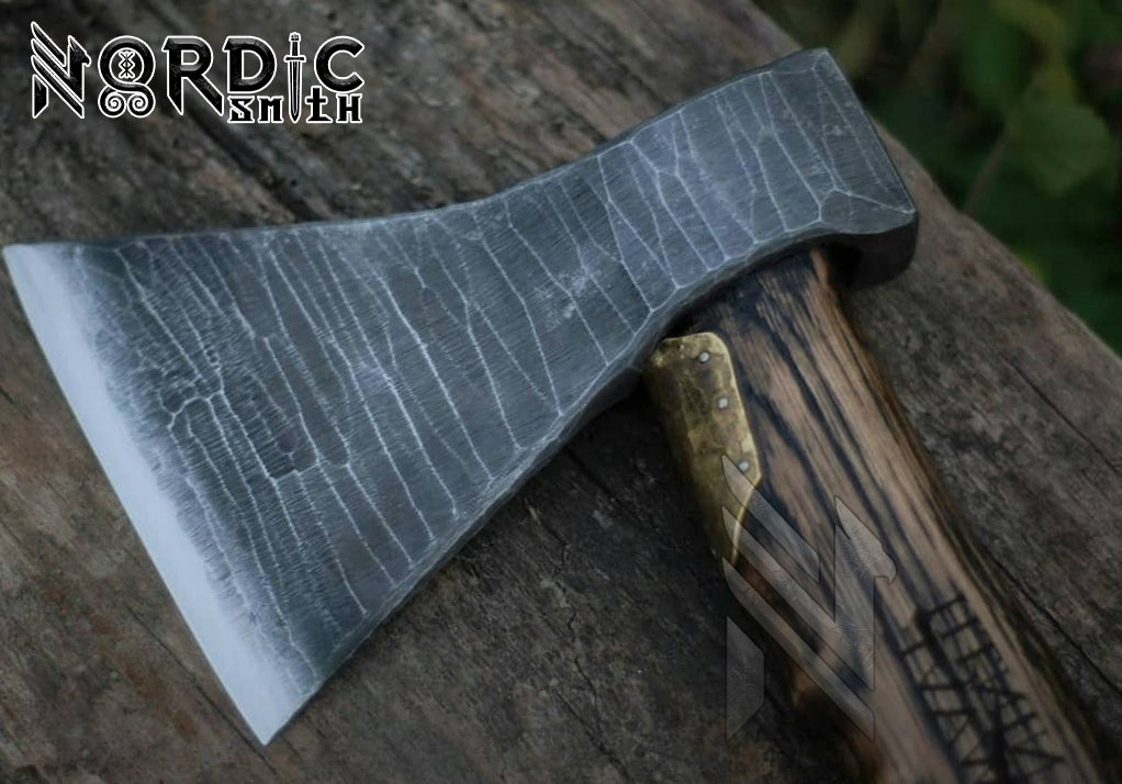 Hand-Forged Viking Axe with Ash Wood Handle, Leather-Wrapped Grip & Sheath