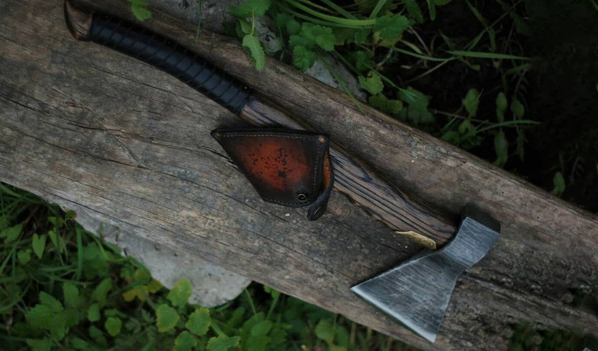 Hand-Forged Viking Axe with Ash Wood Handle, Leather-Wrapped Grip & Sheath