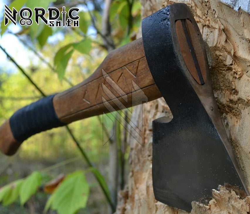 Hand-Forged Viking Axe with Carved Rune Wrapped Handle & Leather Sheath