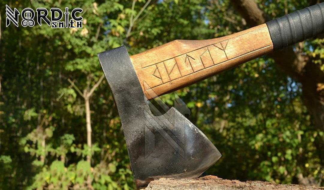 Hand-Forged Viking Axe with Carved Rune Wrapped Handle & Leather Sheath