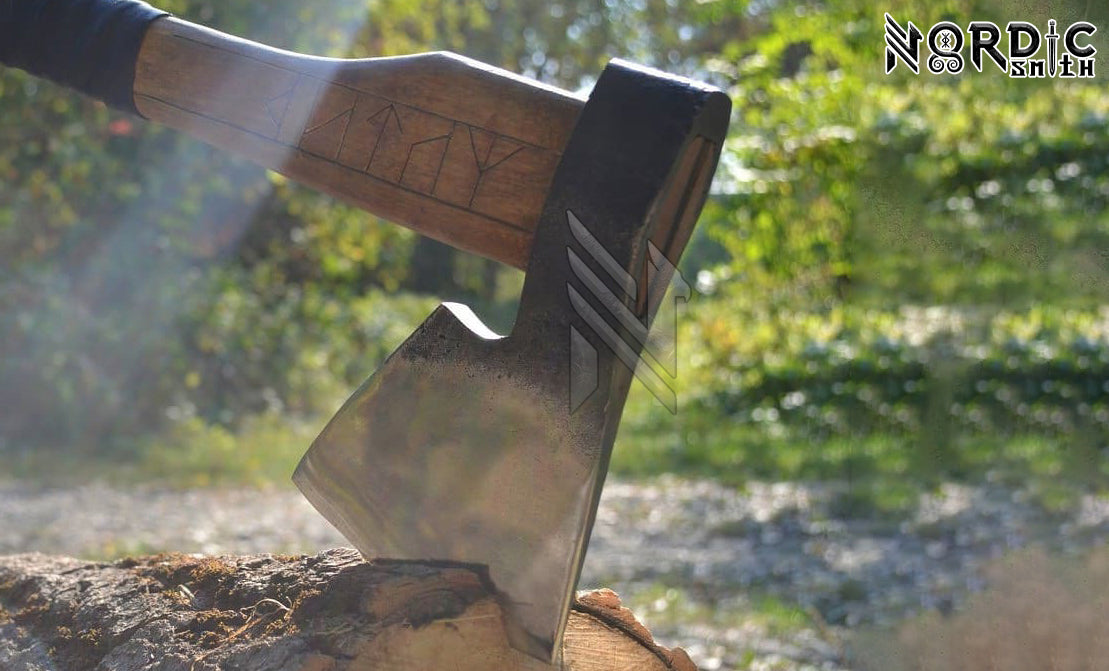 Hand-Forged Viking Axe with Carved Rune Wrapped Handle & Leather Sheath