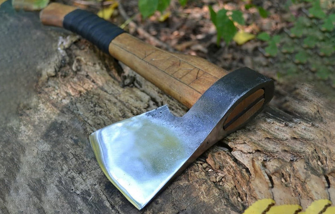 Hand-Forged Viking Axe with Carved Rune Wrapped Handle & Leather Sheath