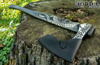 Viking Axe with Vegvisir & Othala Rune Engraved Handle With Cover