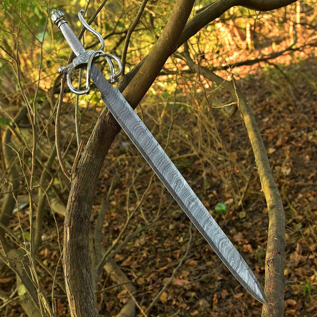 Hand Forged Damascus Zorro Rapier Sword– Real Blade with Leather Sheath