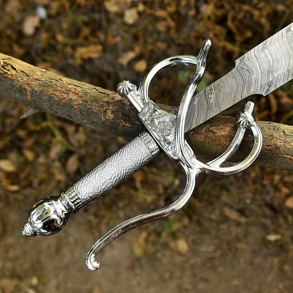 Hand Forged Damascus Zorro Rapier Sword– Real Blade with Leather Sheath