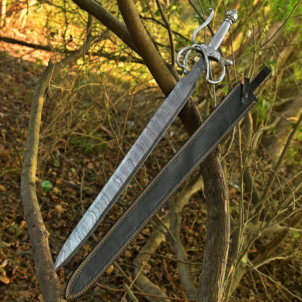 Hand Forged Damascus Zorro Rapier Sword– Real Blade with Leather Sheath