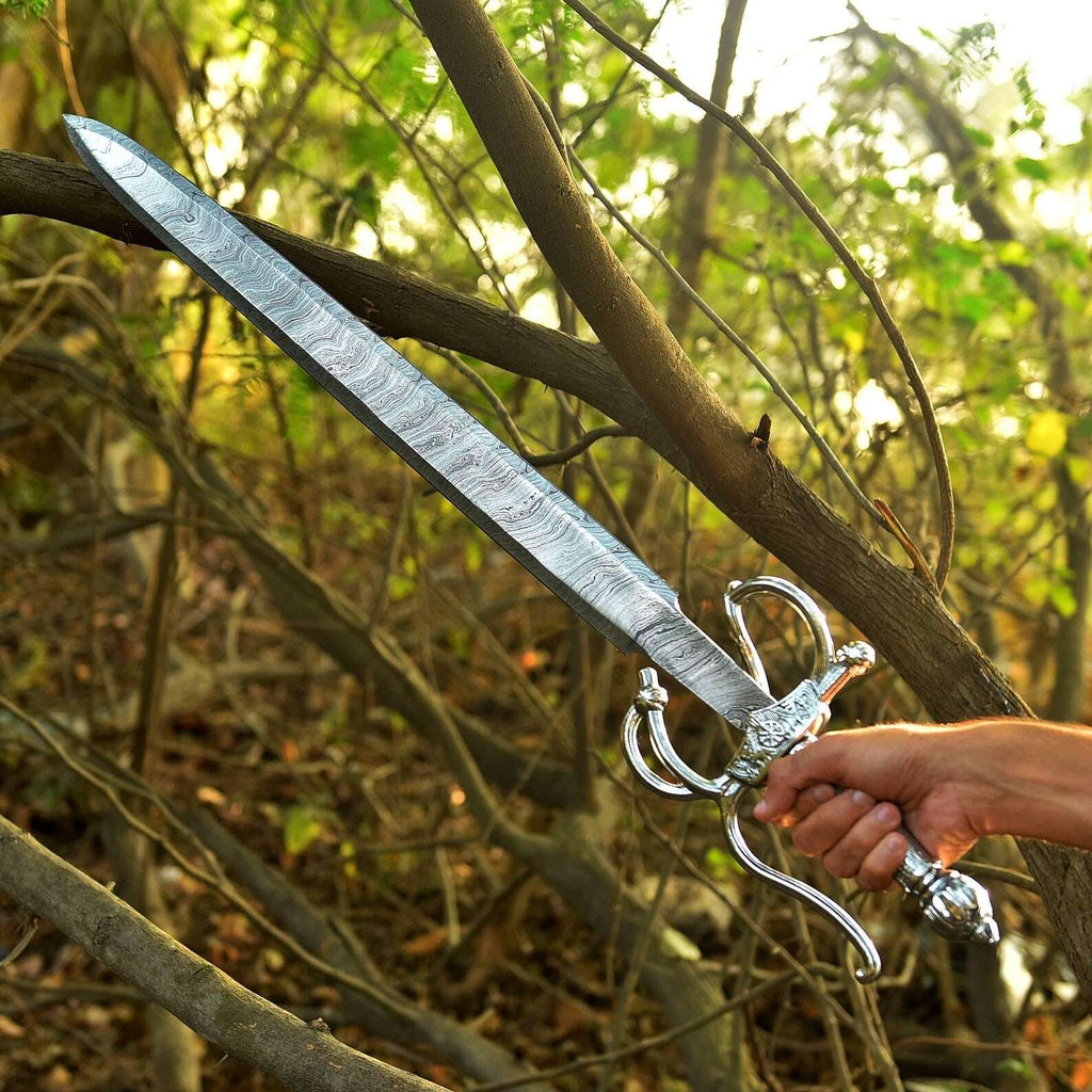 Hand Forged Damascus Zorro Rapier Sword– Real Blade with Leather Sheath